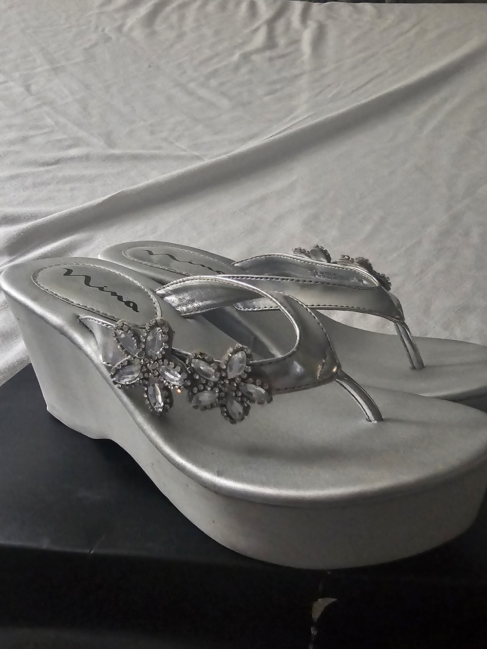 Nina Silver Jeweled Wedge Thong Sandals